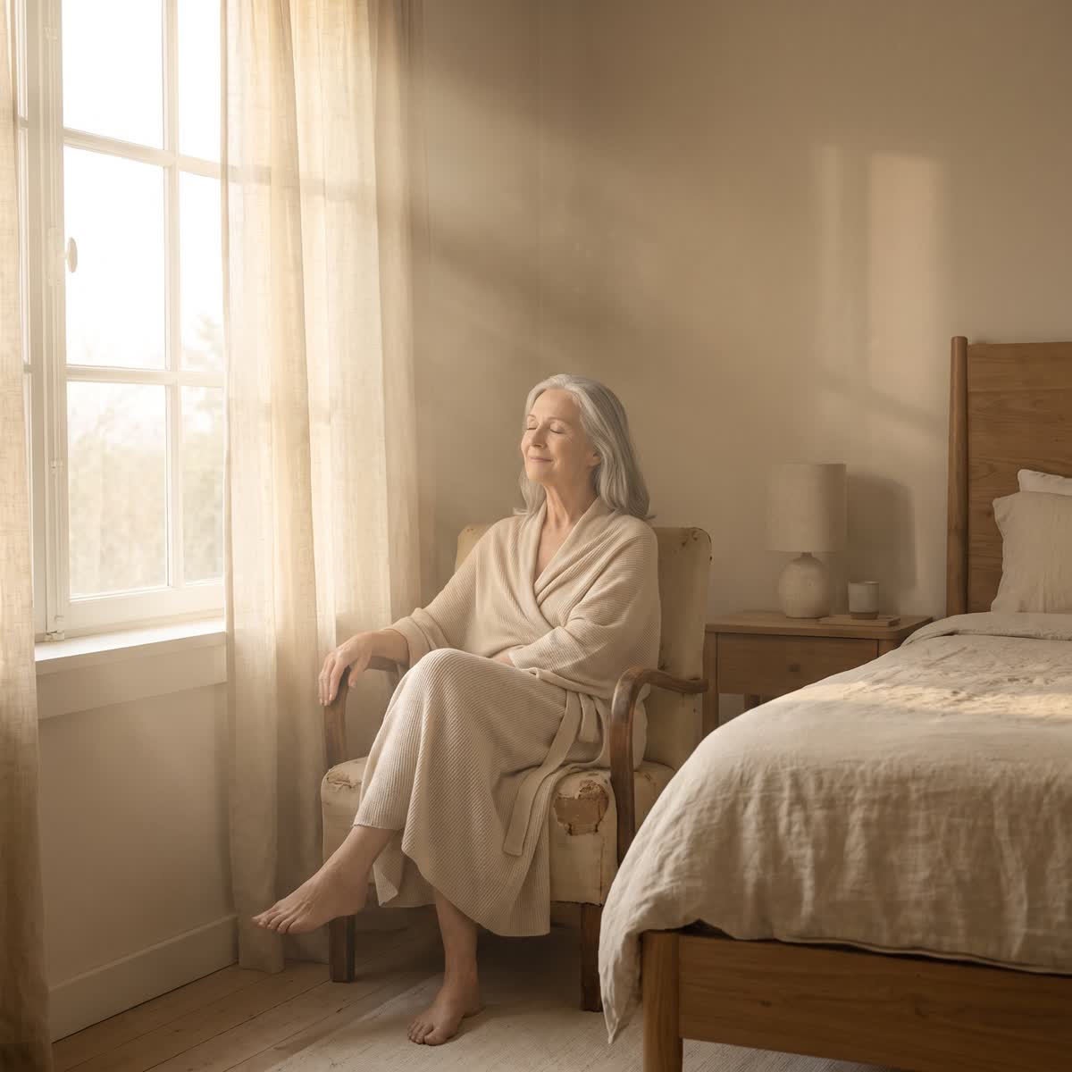 Une femme âgée sourit, apaisée